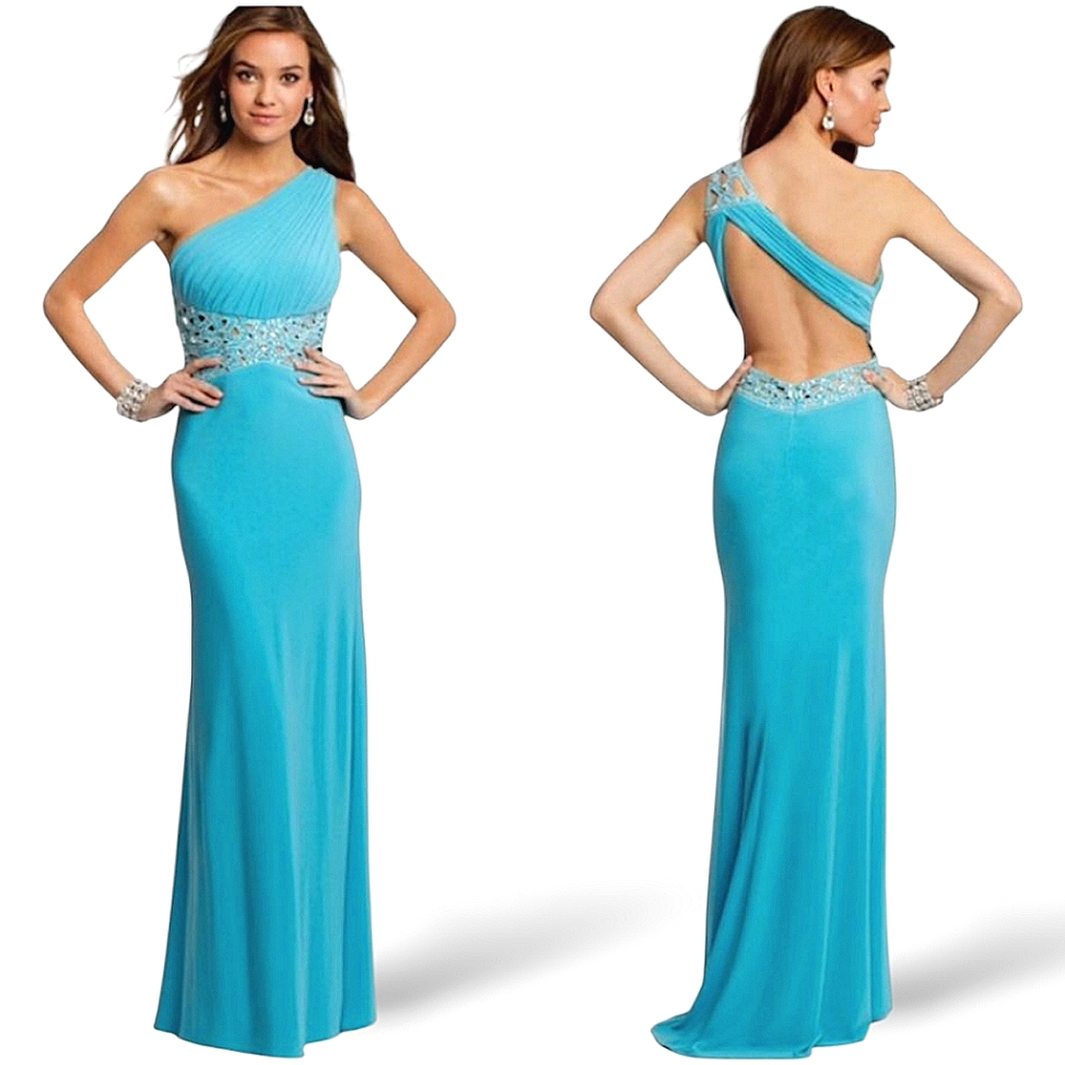 Morgan & Co. Grecian Turqoiuse Blue Crystal Bling Embellished Formal Gown 5/6